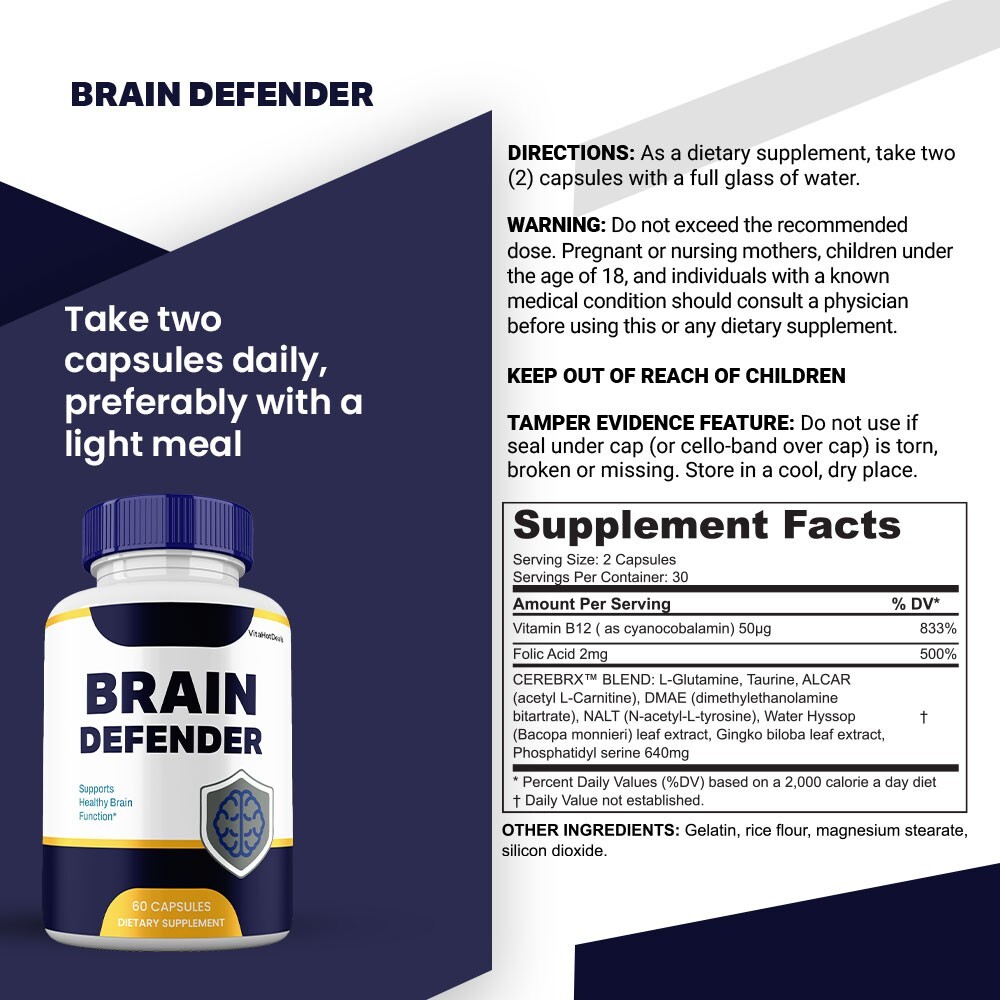 Brain Defender Capsules, Maximum Strength Pills Cognitive and Brain (1 Pack)