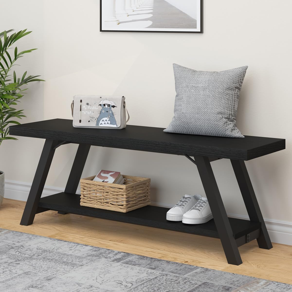 Black Bench, Modern Storage Bench for Bedroom, Wood Metal Entryway Bench for Hal