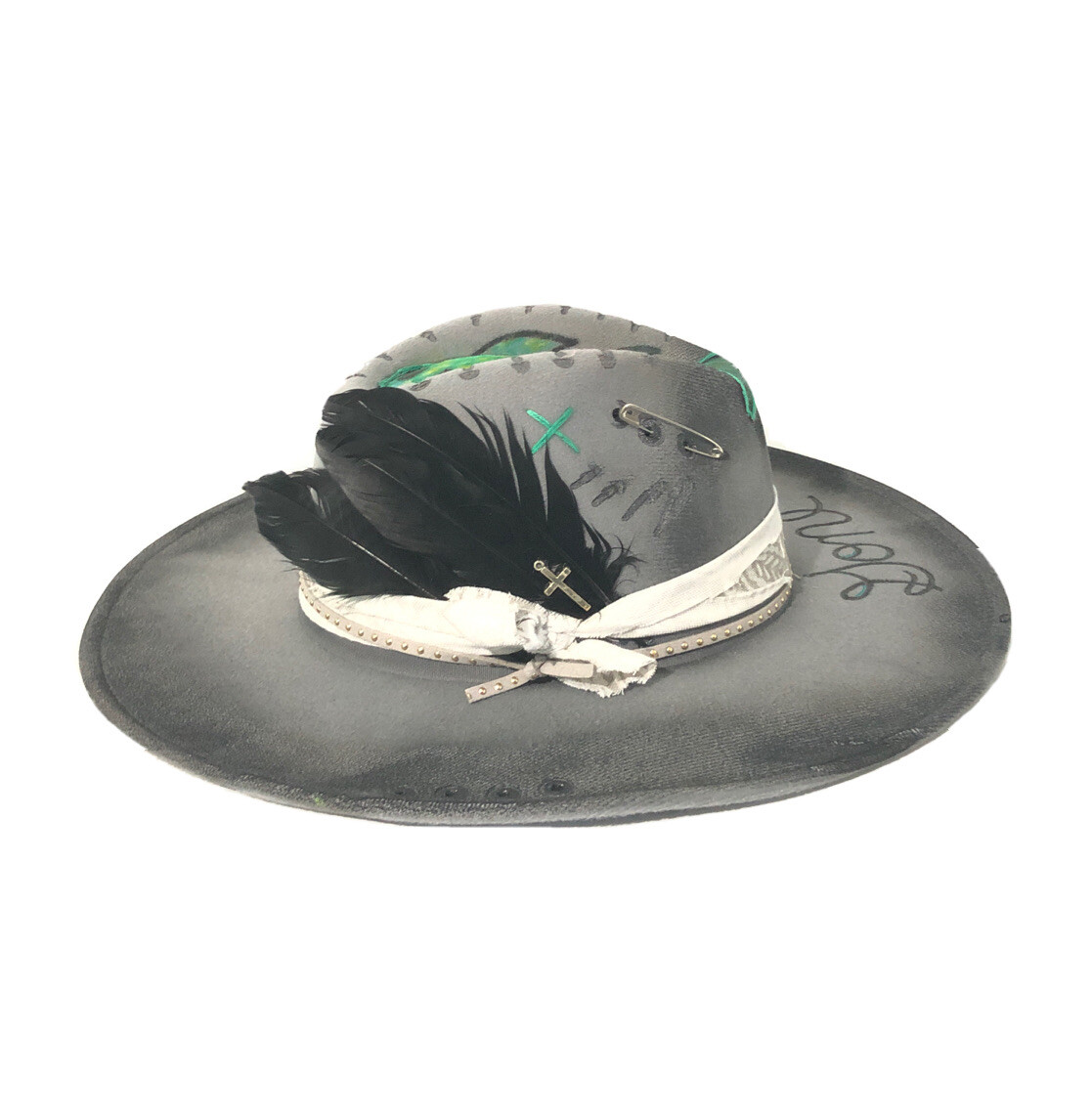 Tazzle’s 1of1 Womens Custom Western Wide Brim Hat-Gray “gone Fishing” & Feather