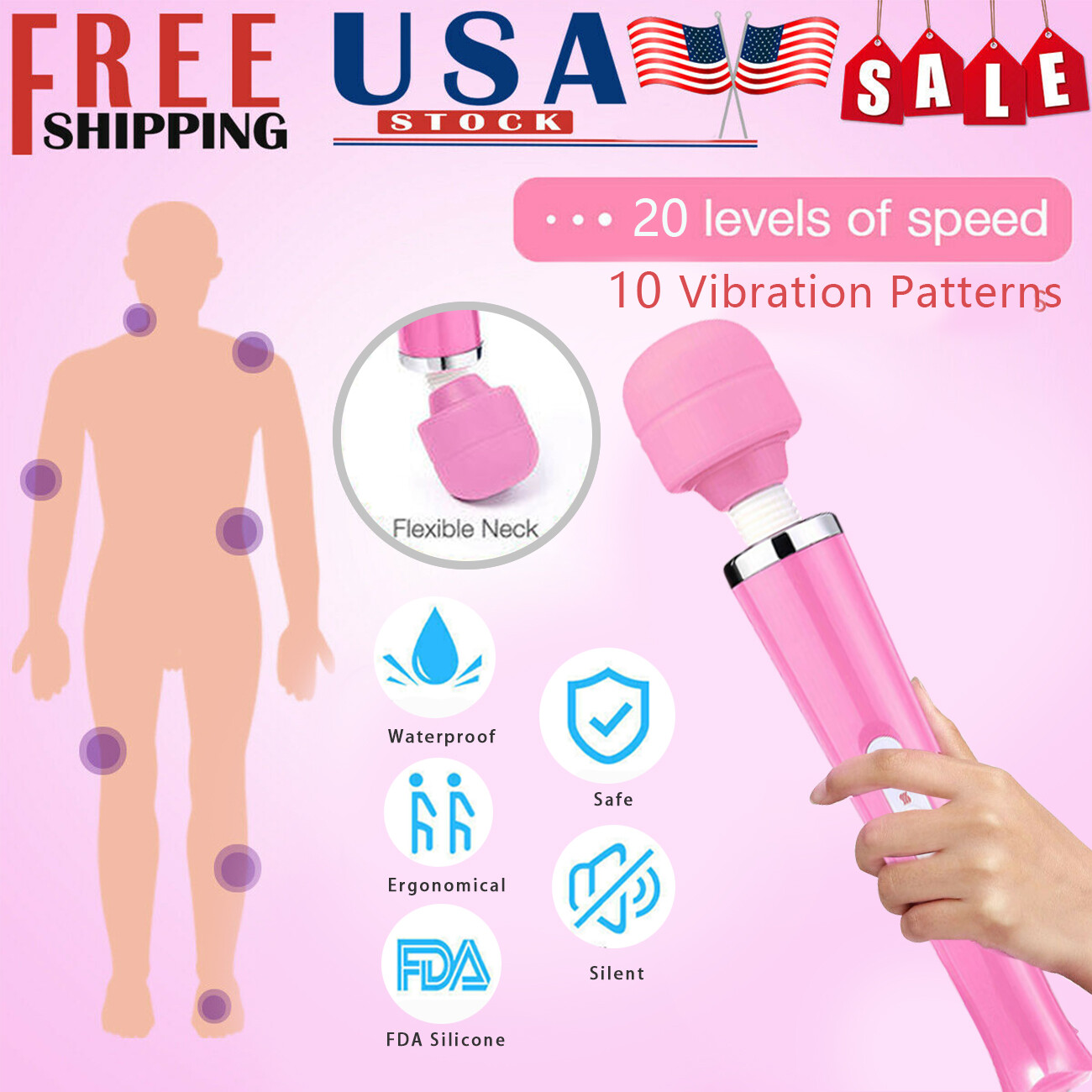 Handheld Massager 20 Speed Wand Vibrating Massage Magic Full Body Therapy Motor