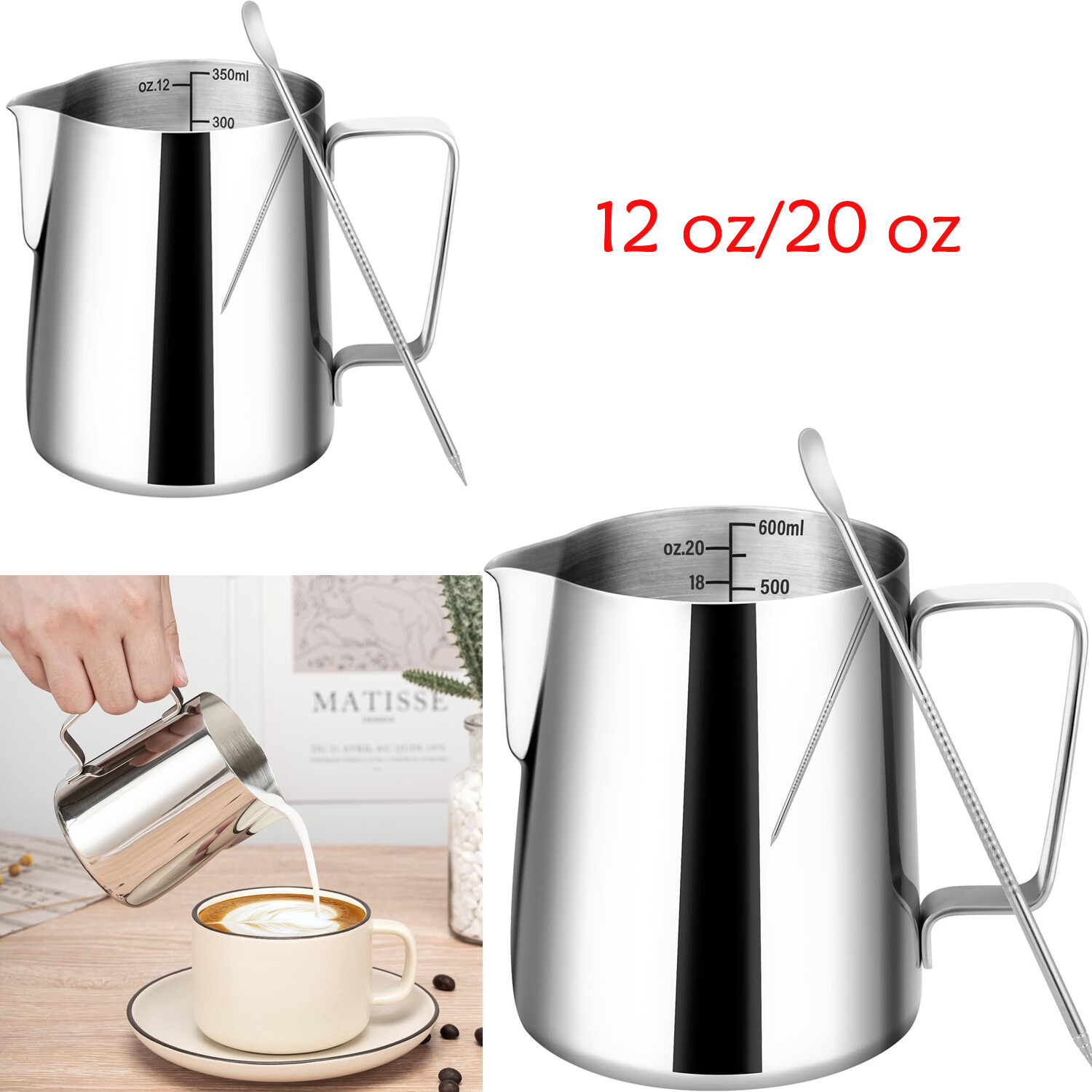 Milk Frothing Pitcher Milk Frother Cup with Clear Scale for Barista Coffee Bar