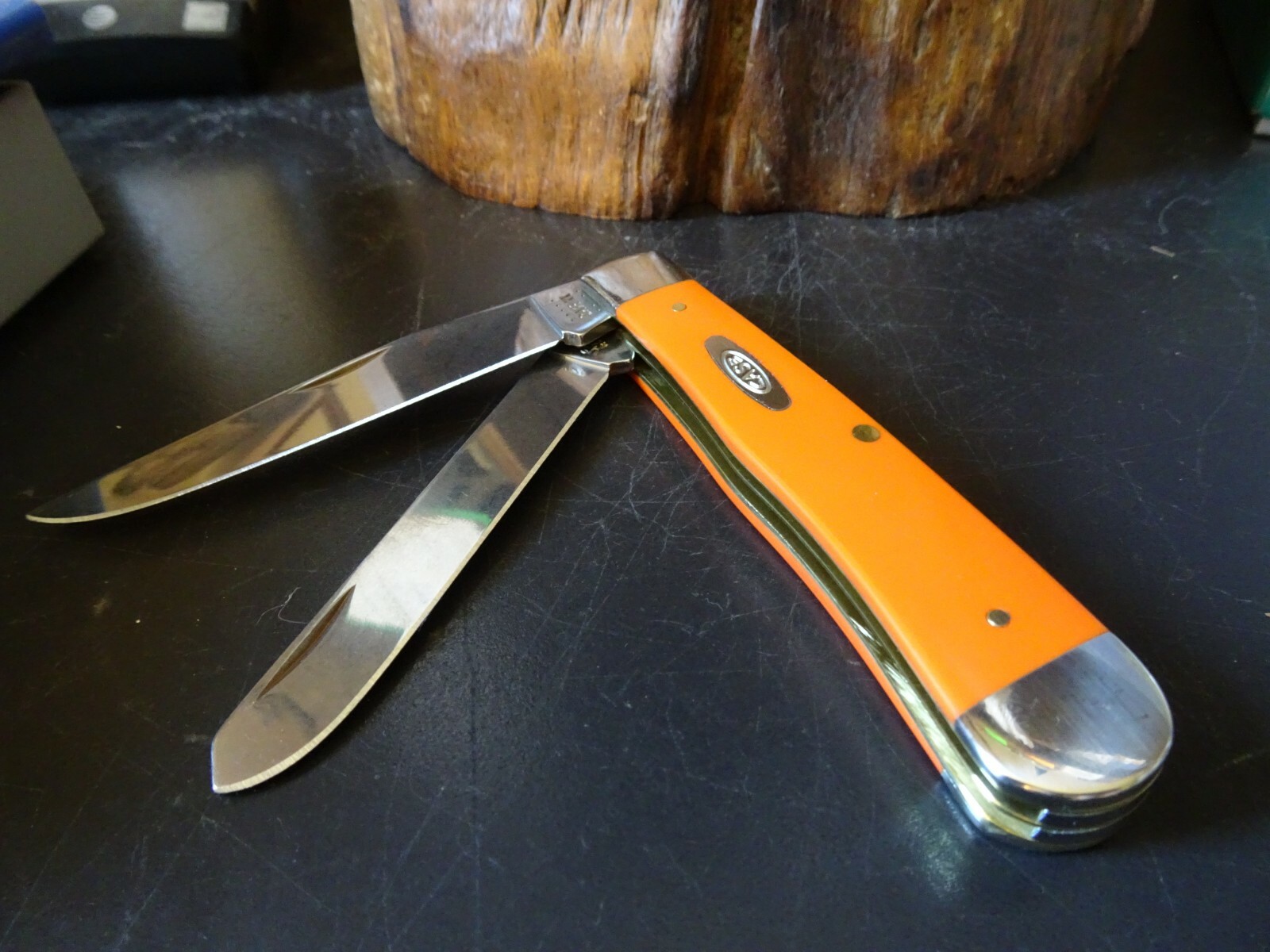 CASE XX 3.5" ORANGE MINI TRAPPER SYNTHETIC HANDLE POCKET KNIFE 2- TRU-SHARP BL