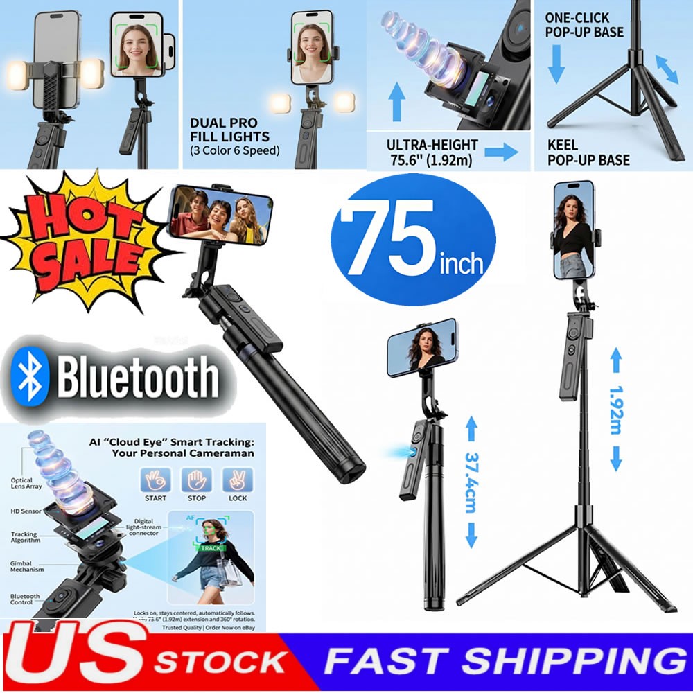 75''AI Smartphone Gimbal Stabilizer Handheld Selfie Stick Tripod with Fill Light
