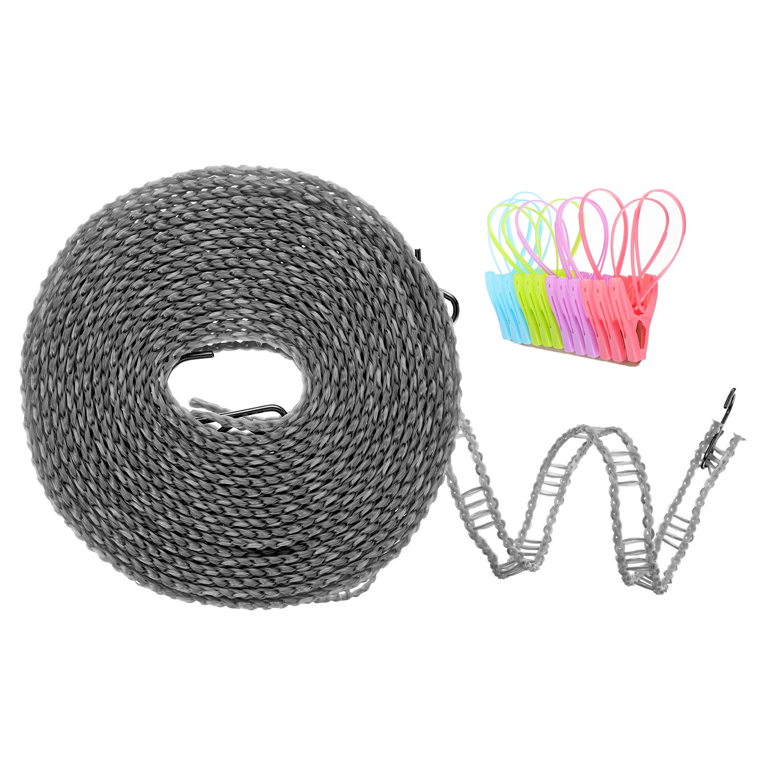 Windproof Clothesline 5M Non-Slip Clothes Drying Rope with 12 Clips Grey