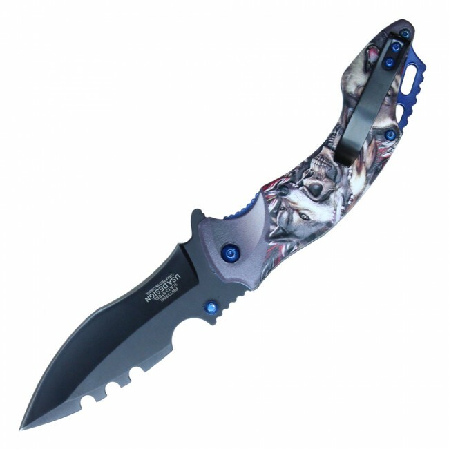 Spring-Assist Folding Knife | Wartech 3.5" Black Blade Fantasy Skull Wolf - Blue