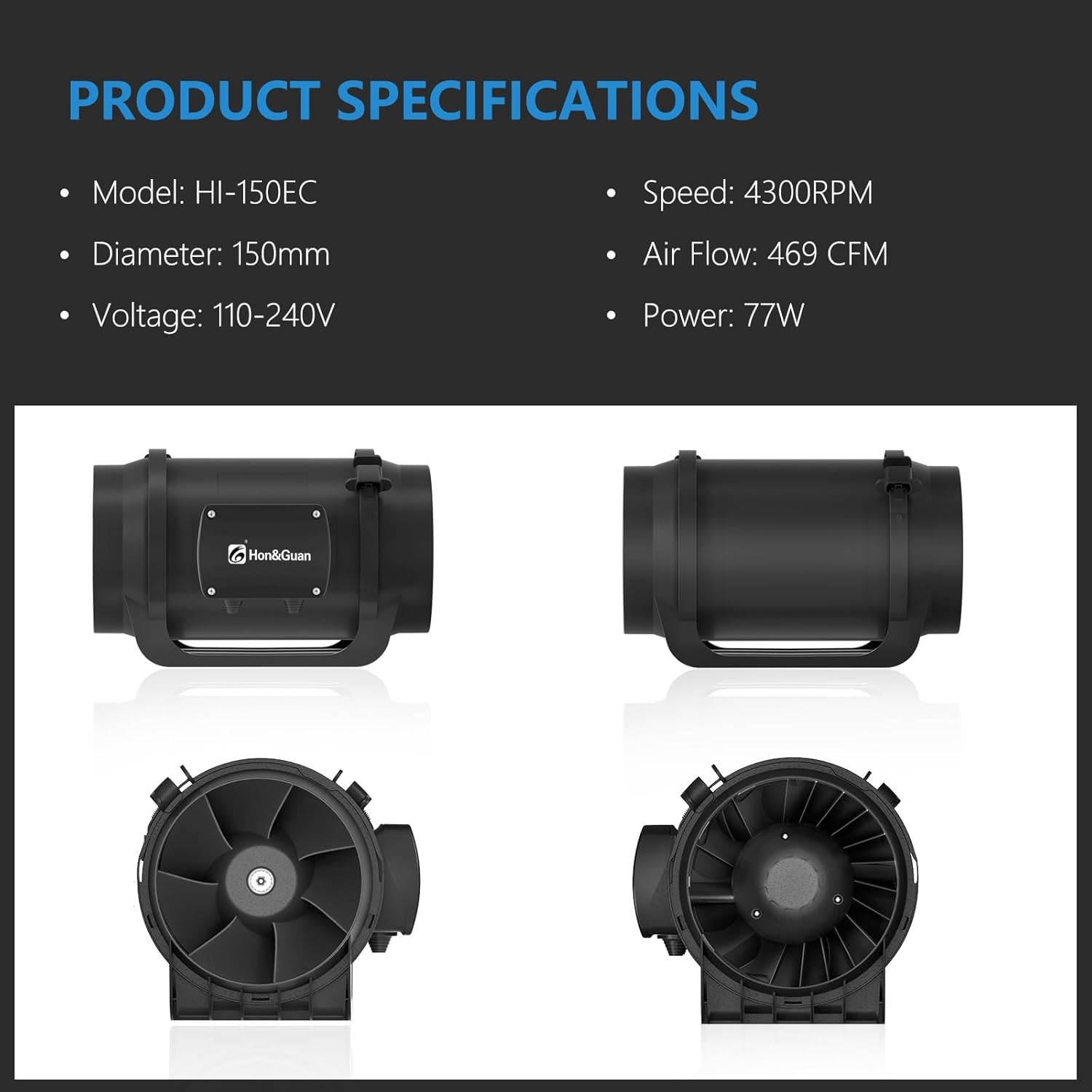Inline Duct Fan 469 CFM 6 inch inline fan W/ Variable Speed Controller EC Motor