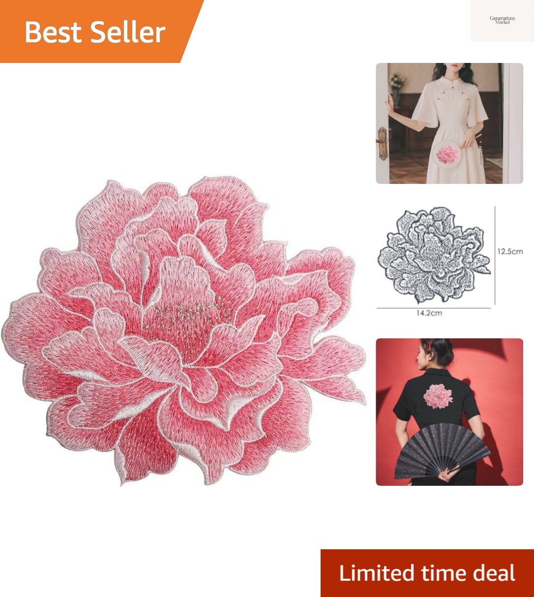Sew on Peony Floral Patches, Embroidered Flower Appliques for DIY Clothing, J...
