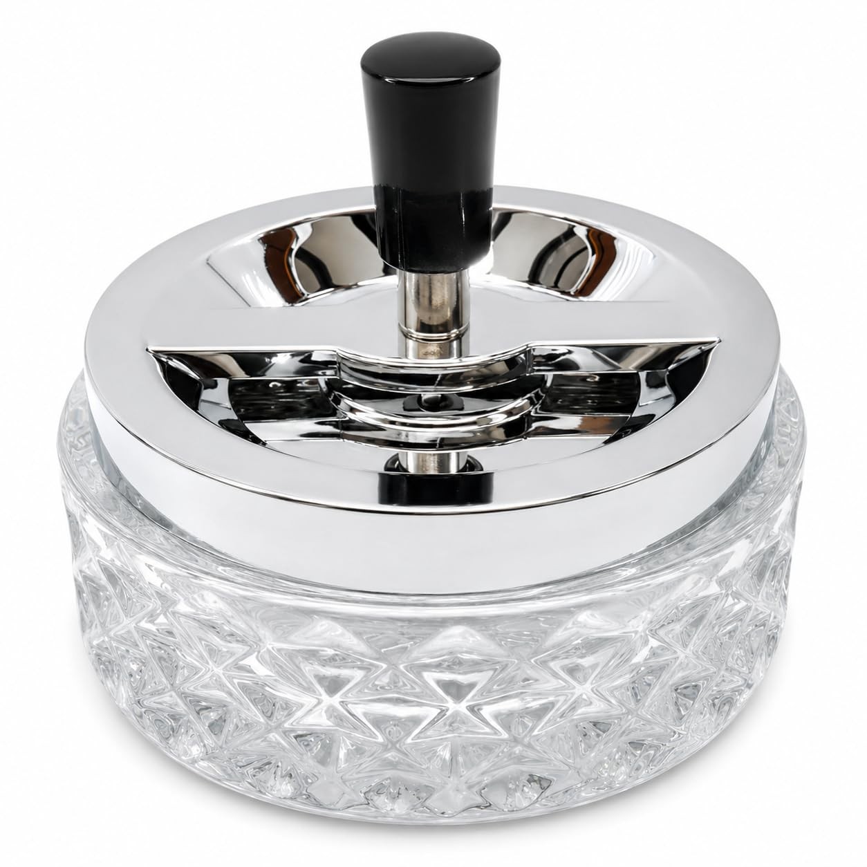Spinning Glass Ashtray with Lid, Push-Down Chrome Top, 5 x 5 x 3 in