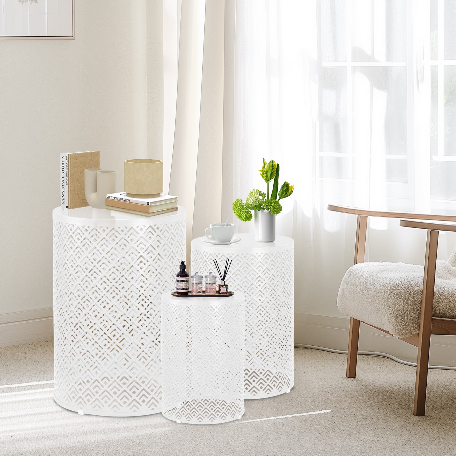 Nesting Side Table Set of 3, Round Patio Accent Table, Metal Frame End Table