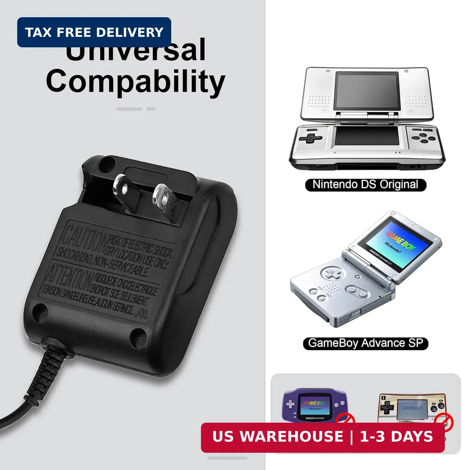 Replacement for Gameboy Advance SP Charger, AC Power Adapter & USB Charging Cabl