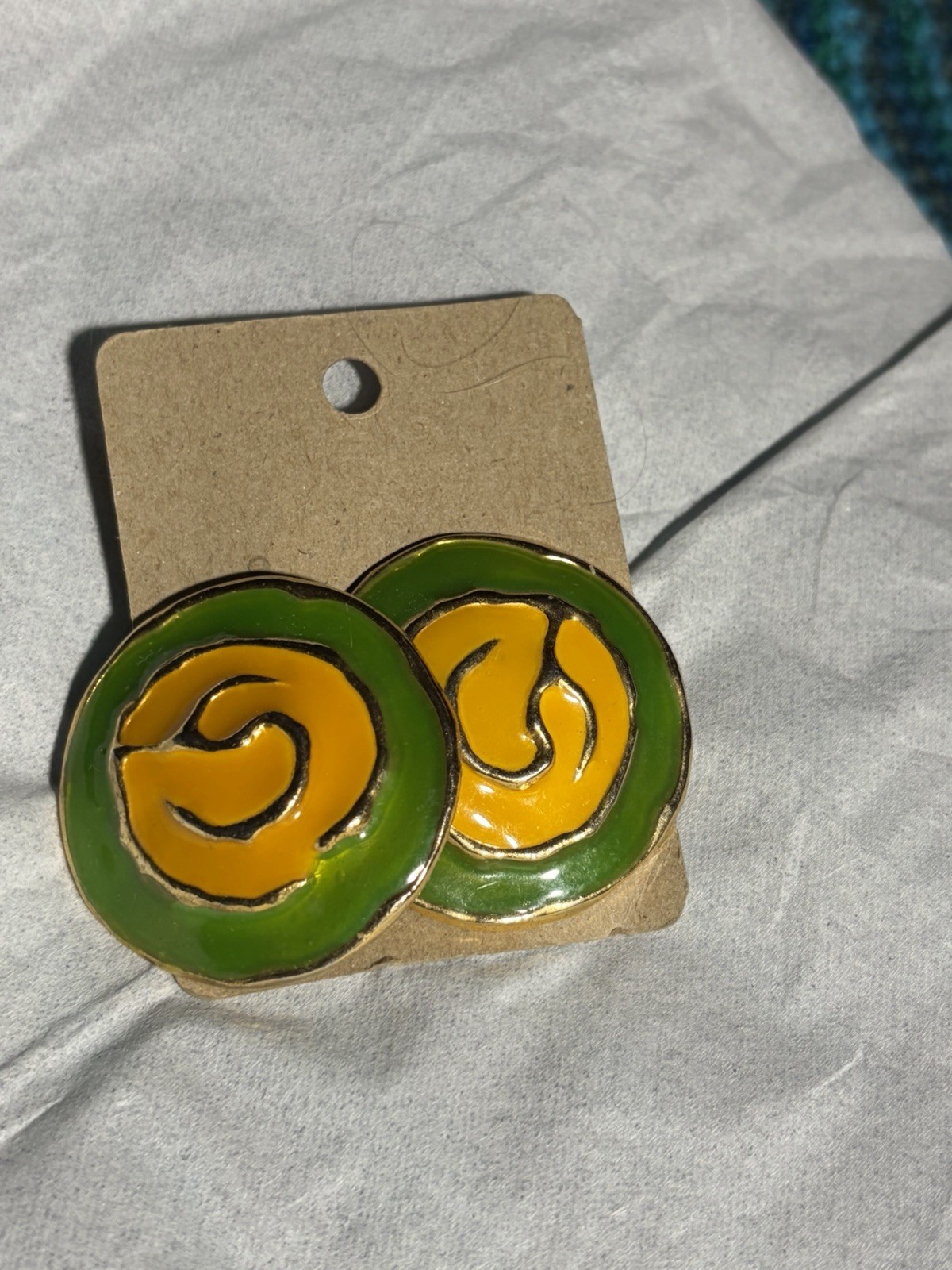 Woman’s Vintage Enamel Clip Earrings Measuring 1.5 Inches Yellow Green Gold Tone