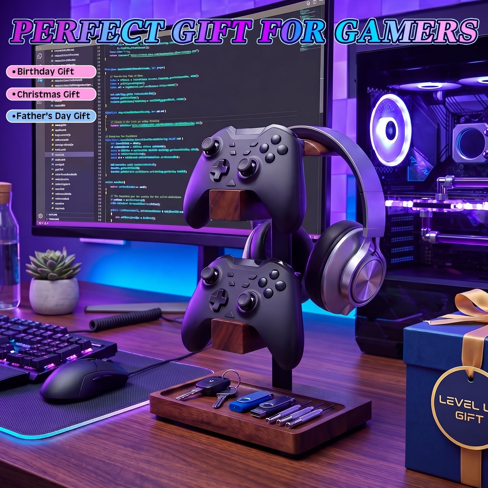 Fiwochic Headphone Stand with Controller Holder, Gaming Headset Deep Walnut