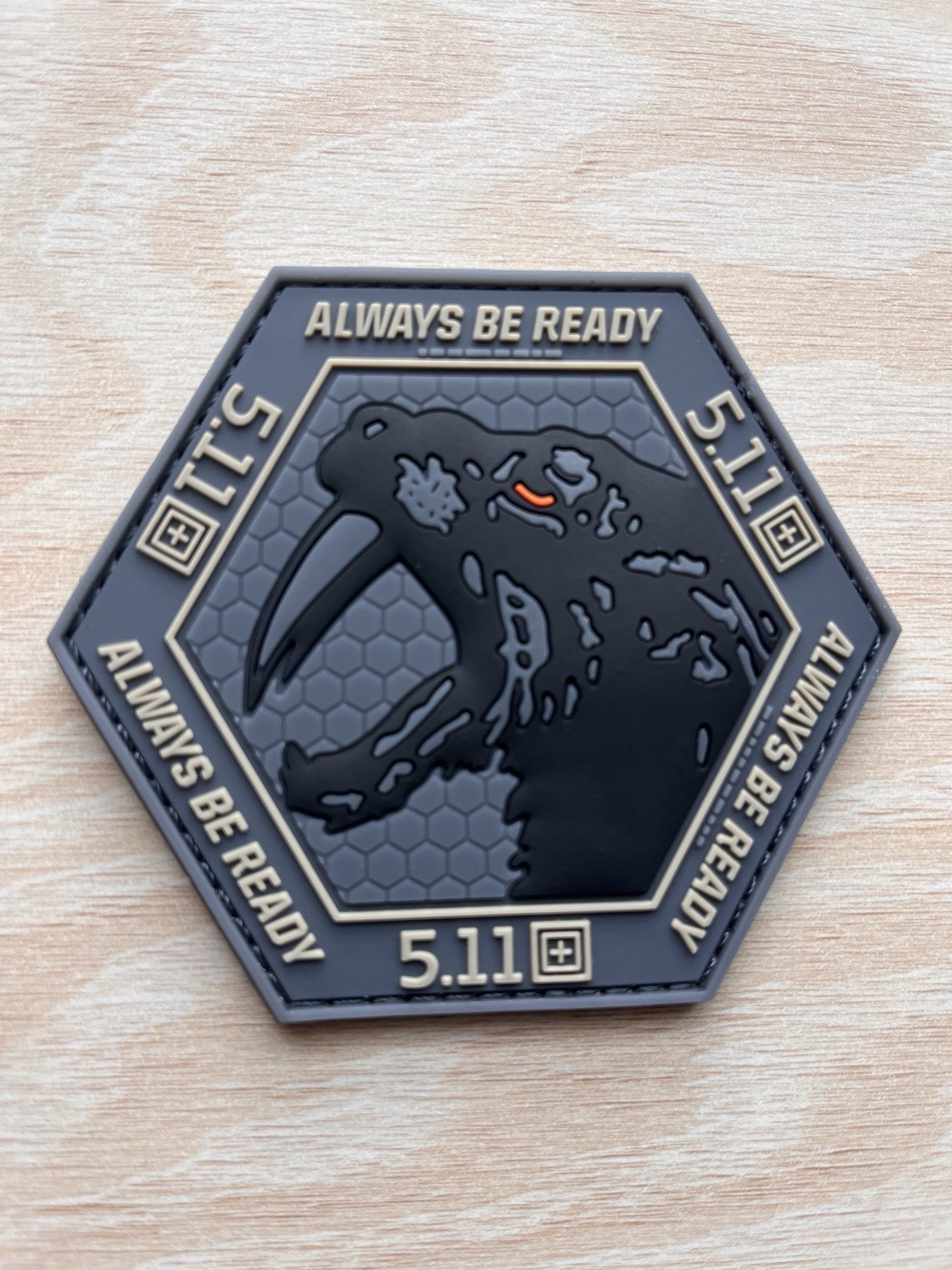 5.11 Sabertooth Tiger Patch Hexagon Morale Patch Steel Grey PVC Hook & Loop