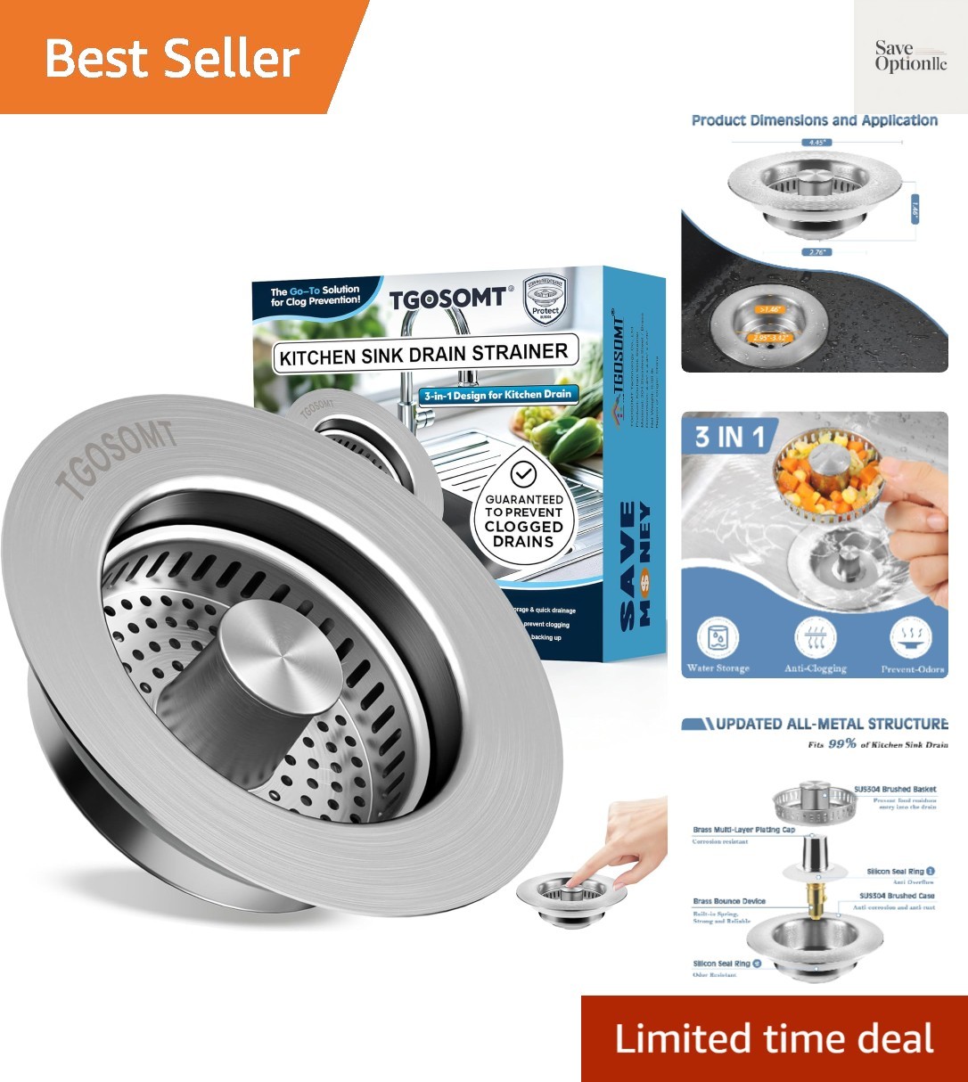 Sink Drain Strainer 3 in 1, 304 Stainless Steel Pop Up Kitchen Sink Stopper w...