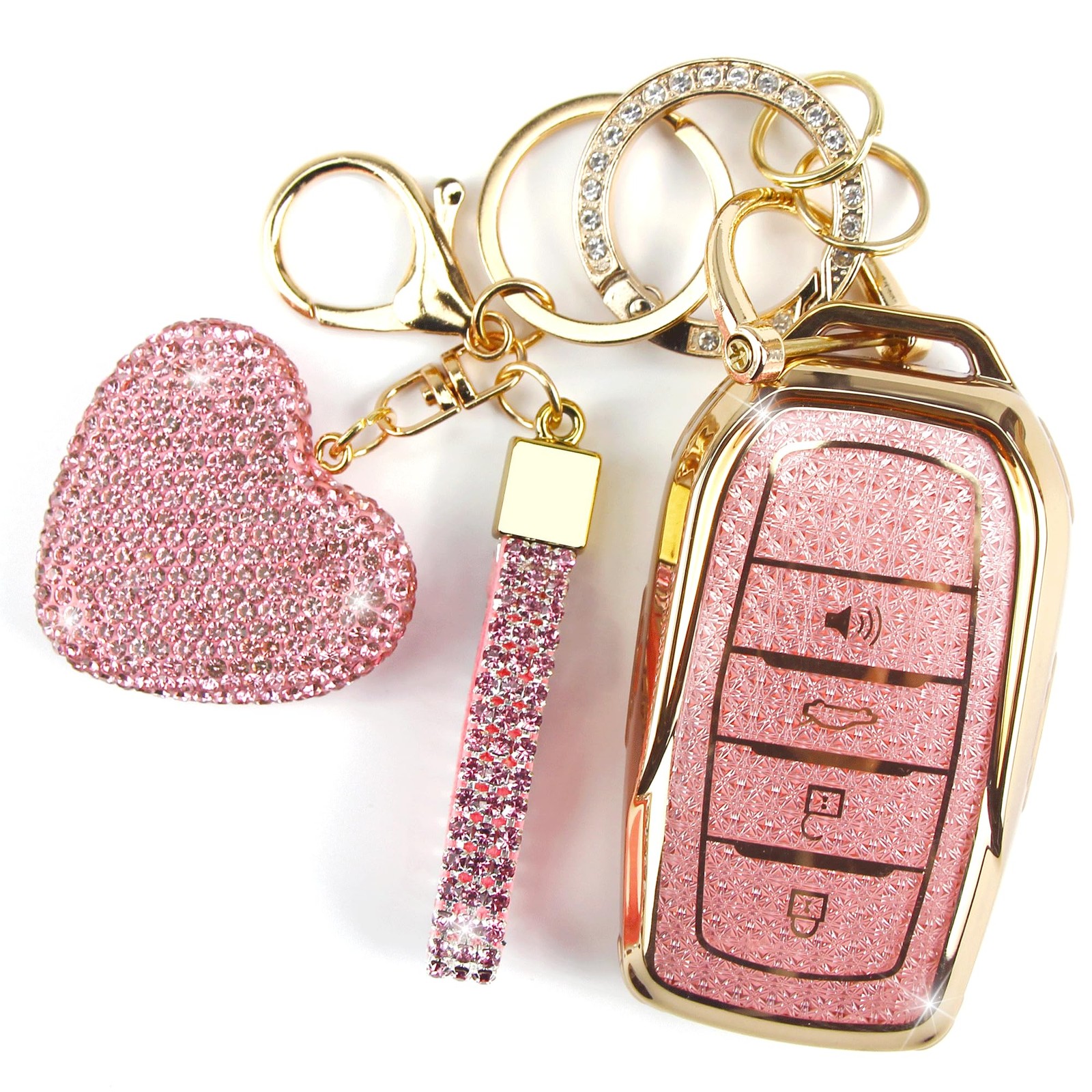 YIKECASE Key Fob Cover with Diamond Keychain Fit for Toyota 4 buttons, Pink