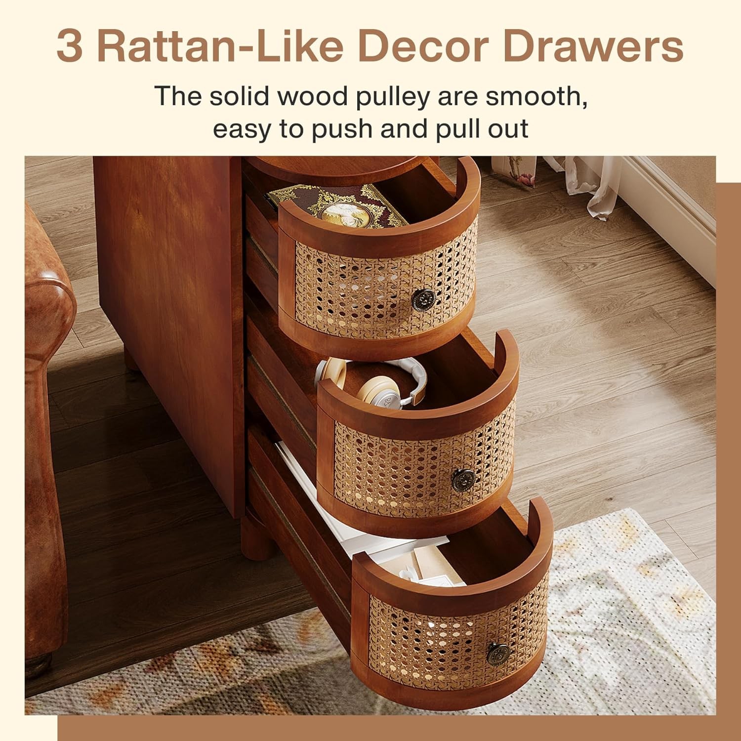 Solid Wood End Table with 3-Drawers, Fully Assembly Modern Rattan Side Table