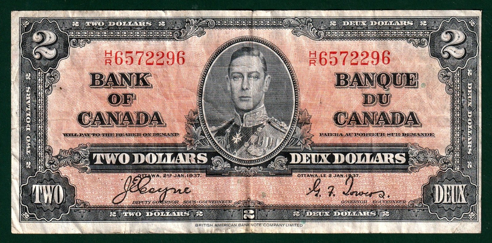 Canada, Bank of Canada, King George VI $2, 1937, P-59a, Coyne-Towers, F-VF