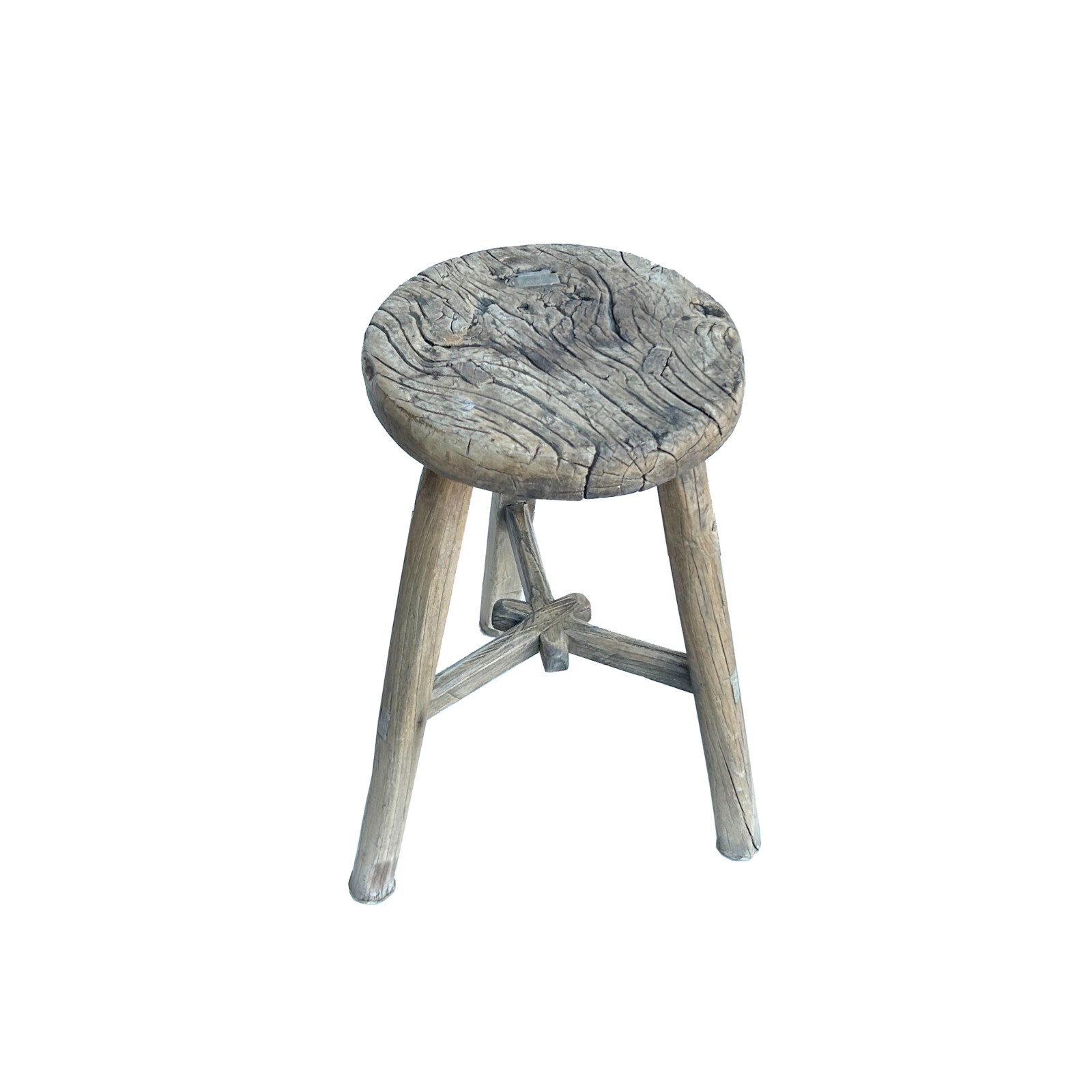 Rustic Raw Rough Wood Grain Round Top Tri-Legs Stool Side Table ws4572