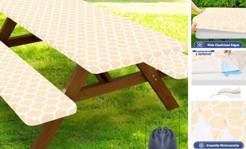 Picnic Table Cover with Bench Covers, Waterproof Elastic 30" x 60" Beige