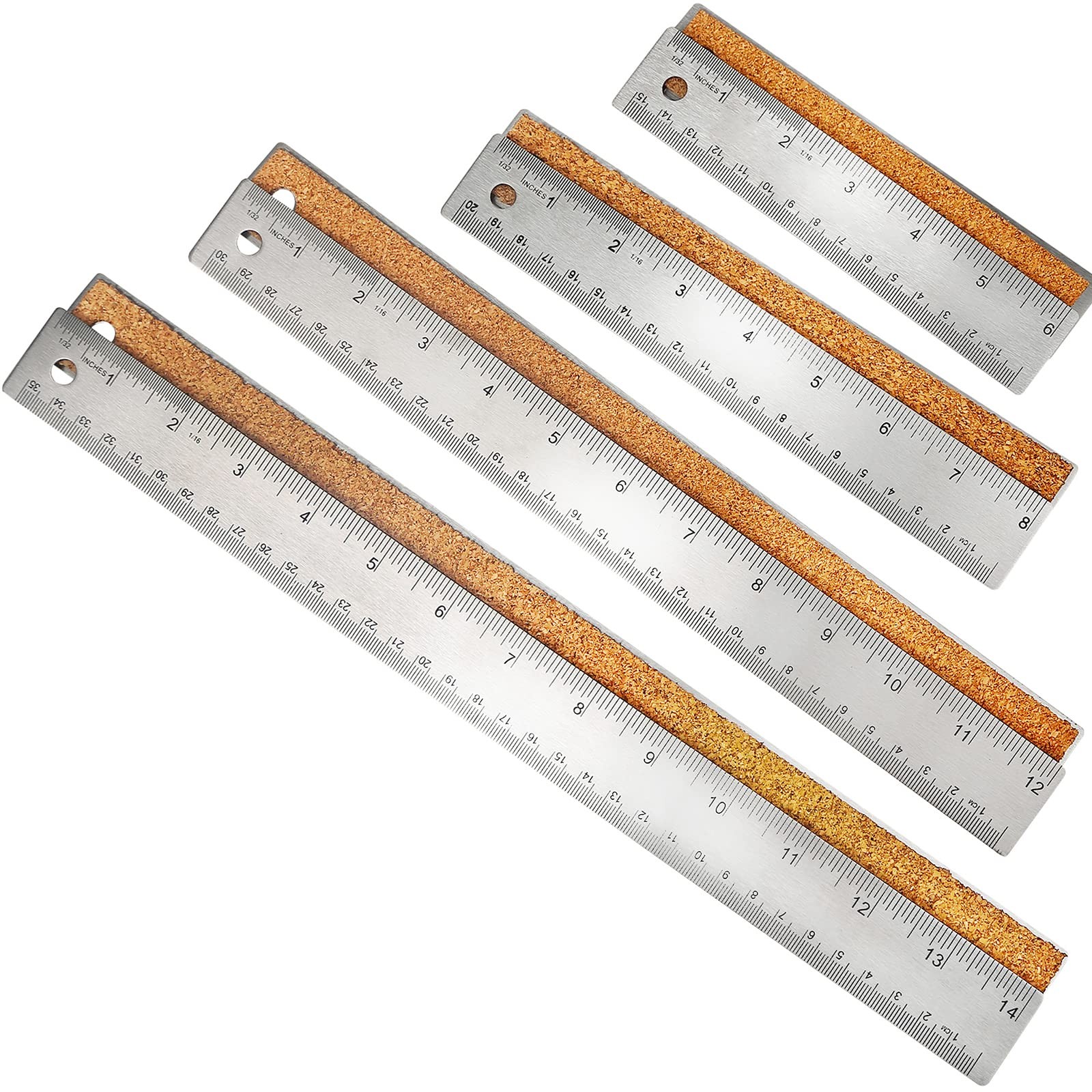 4 Pieces 6+8+12+14 inch Stainless Steel Metal Rulers Stainless Steel Cork Bac...