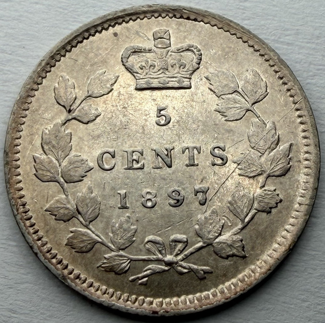 1897 Canadian Sterling Silver 5 Cent Coin Nice AU+++ Scratch Lusterous!