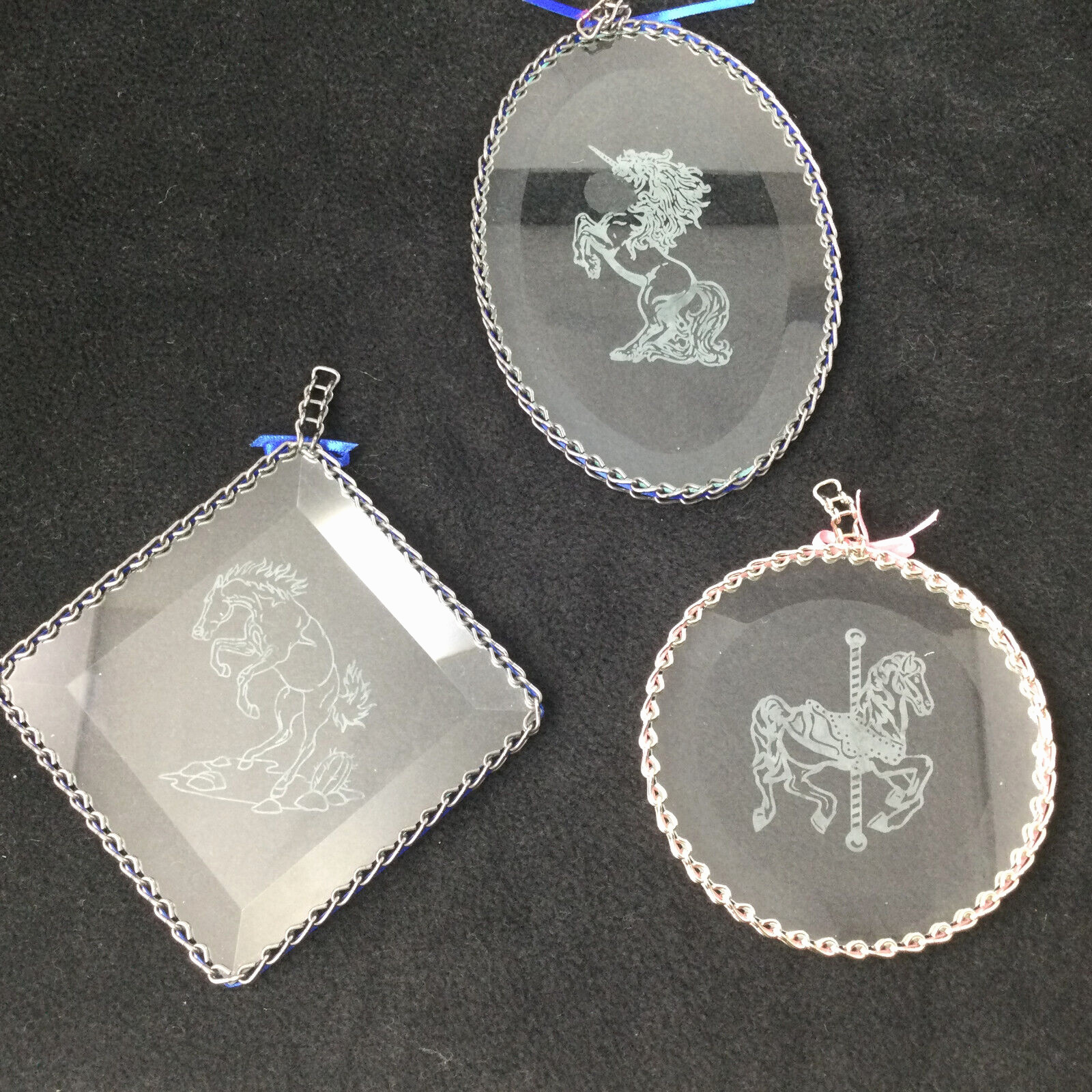 Sun Catchers Hanging Clear Beveled Etched Glass Horses  Chain Set of 3
