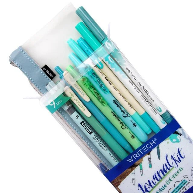 Journal Pen Set - Blue Green shades - 9 piece colour coordinated pen set