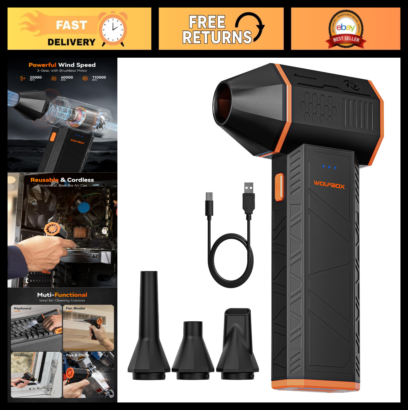 High-Power Compressed Air Duster 110,000 RPM | Mini Electric Blower, Fast Chargi