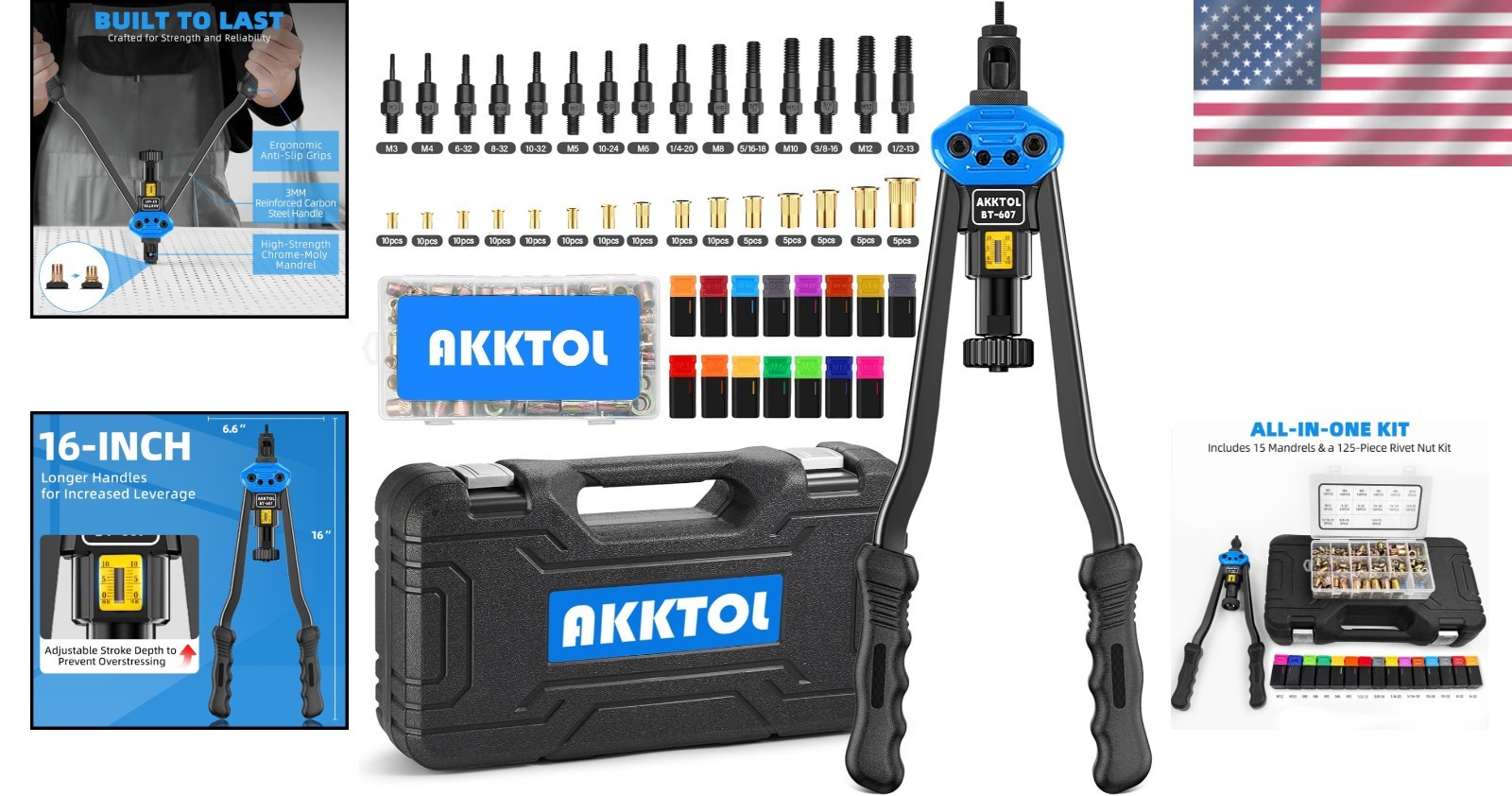 Versatile Rivet Nut Tool Kit - 16" Long Handles, 125-Piece Set for Metalwork