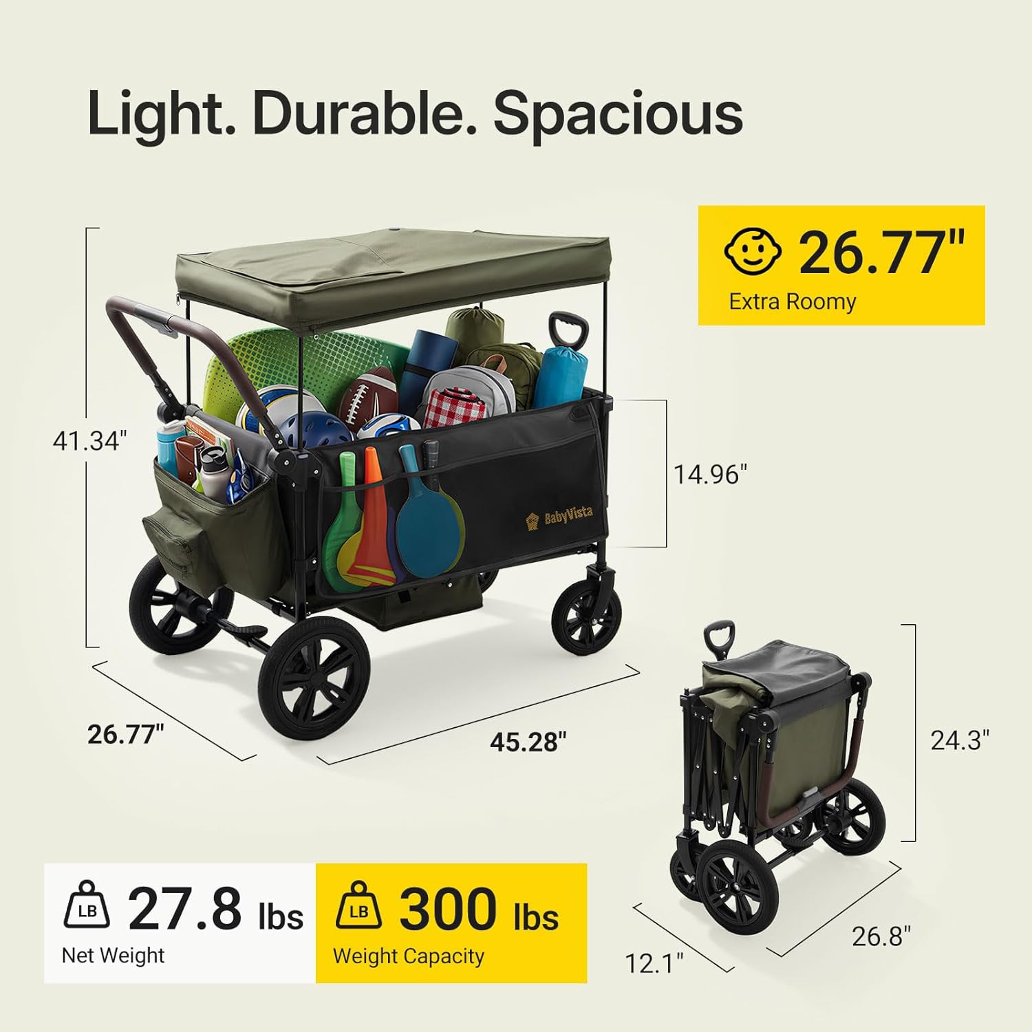 Stroller Wagon for Kids, One-Hand Adjustable Push/Pull Handle, Spacious Storage,