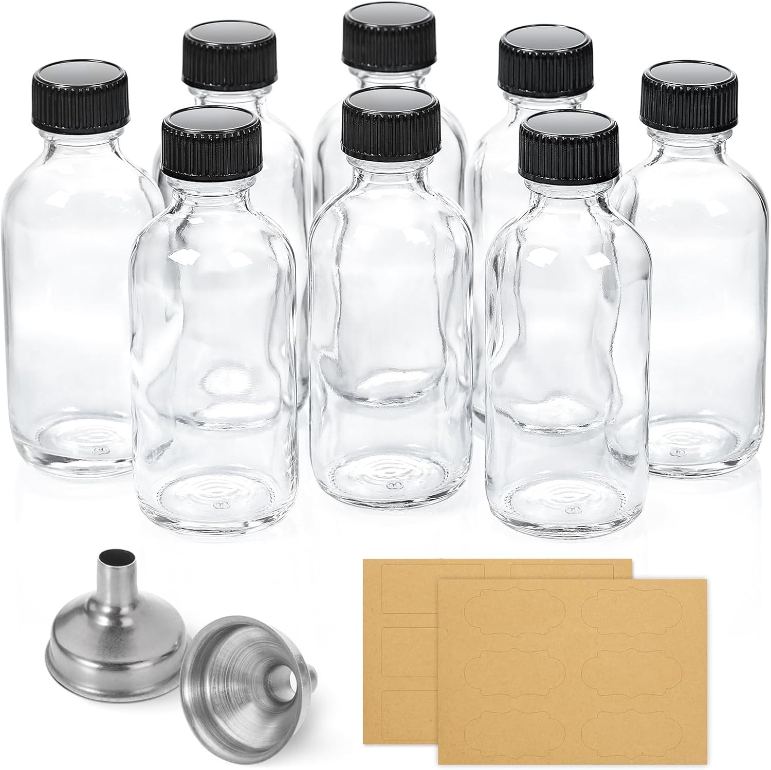 8 Pack, 2 Oz Small Clear Glass Bottles W/Lid & 2 Funnels - 60Ml Boston Shot Bott