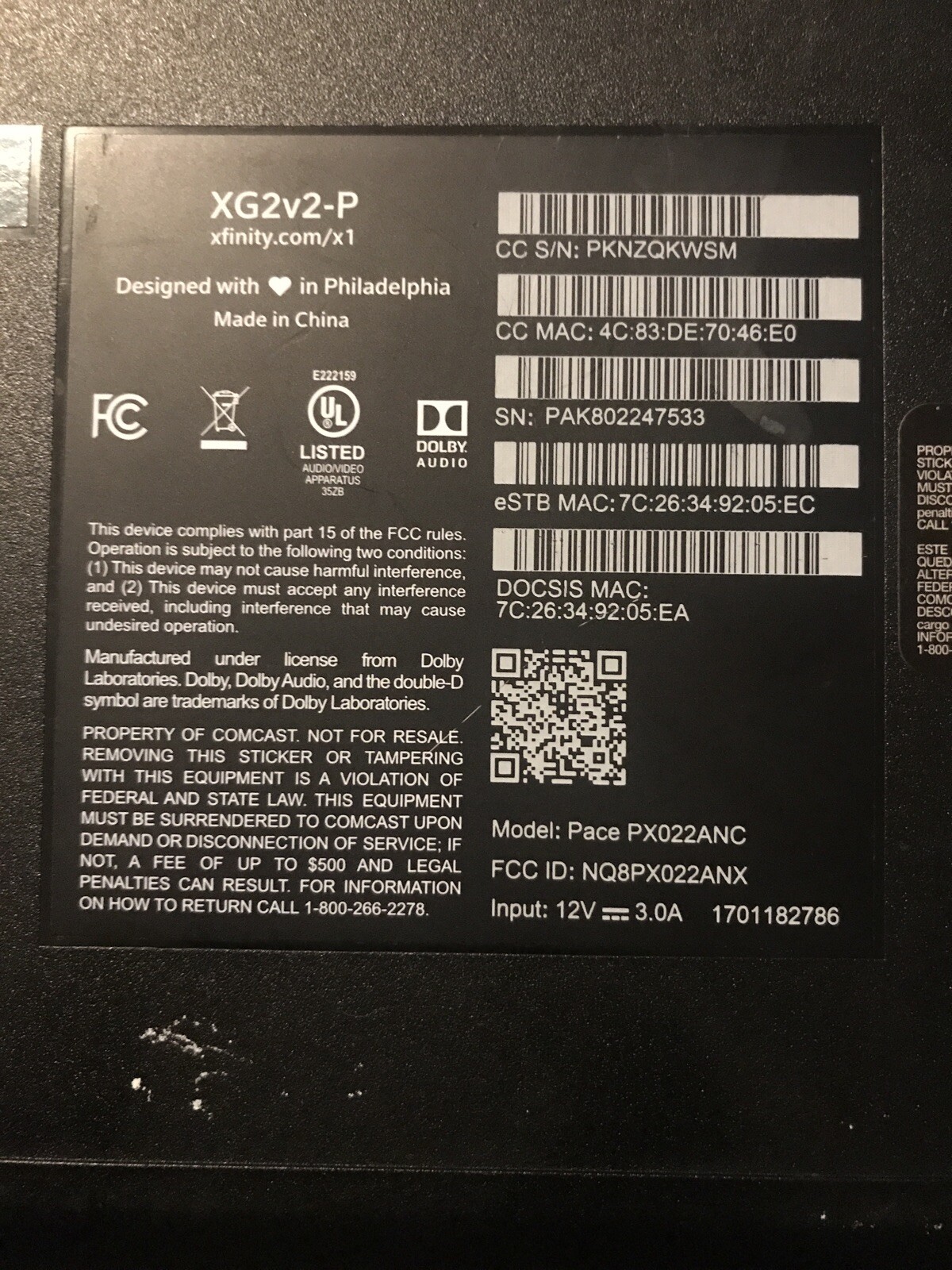 Xfinity XG2v2-P Controller Model Pace PX022ANC