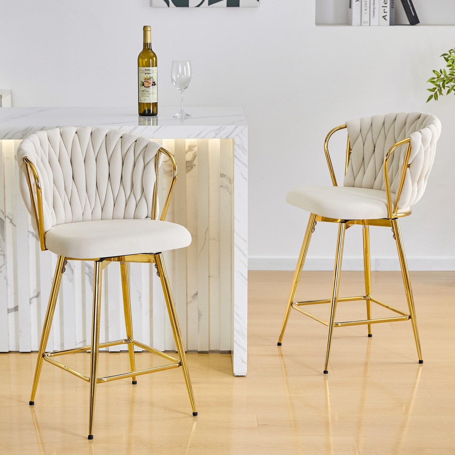 Swivel Bar Stools Set of 2 Braided with Gold Metal Frame for Kitchen Island