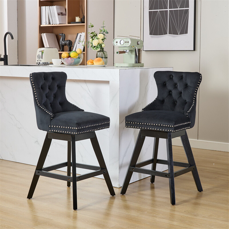 Set of 2 Swivel Velvet Barstools w/Button Tufted Decoration & Wooden Legs Black