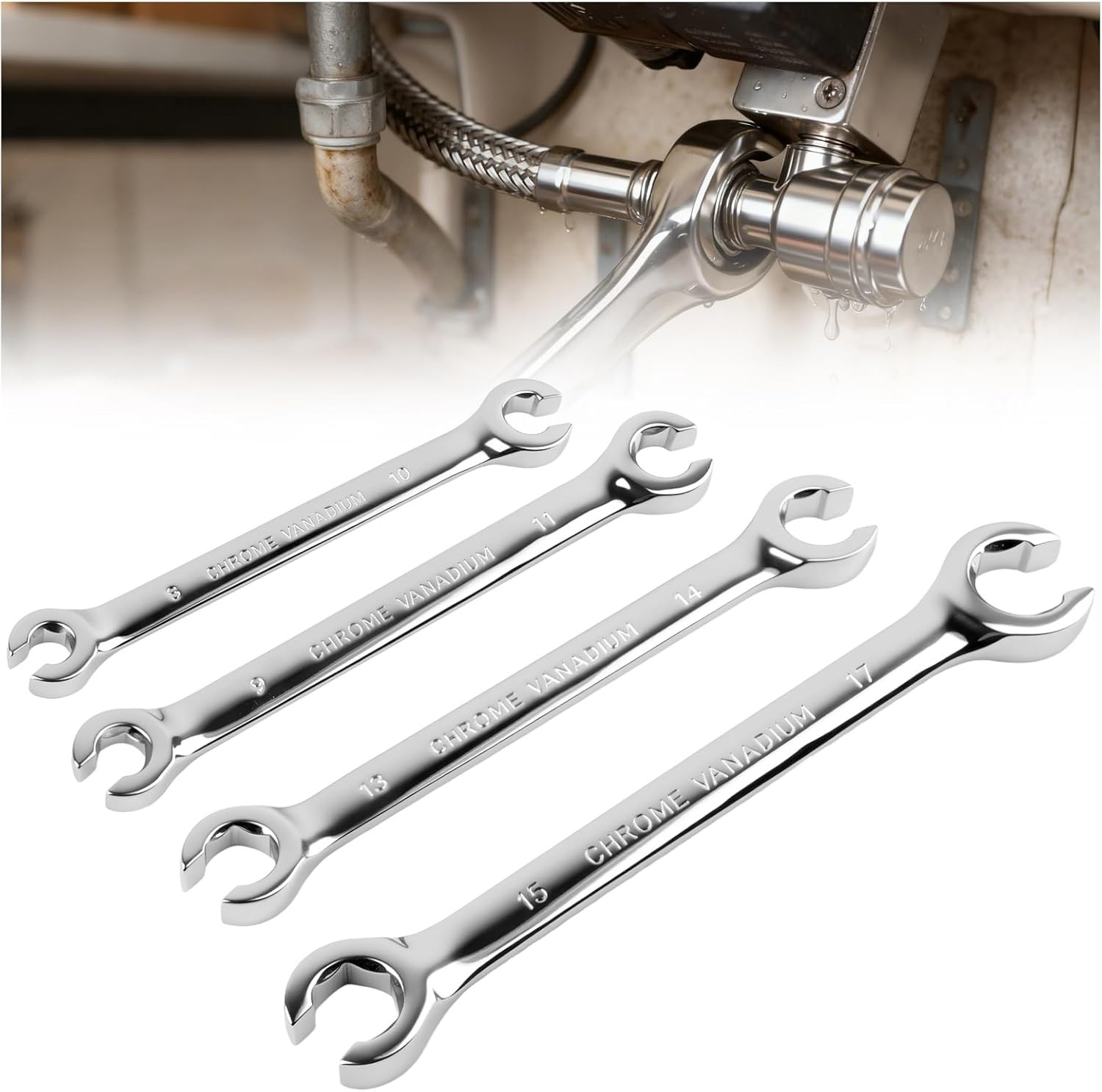 4PCS Carbon Steel Brake Line Wrench Set with 8Mm/10Mm/9Mm/11Mm/13Mm/14Mm/15 Mm/1
