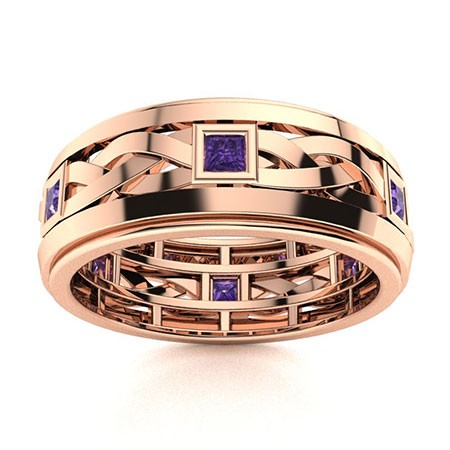 Celtic Amethyst Ring 925 Silver Rose Plated Princess Cut Wide Wedding Band Ring