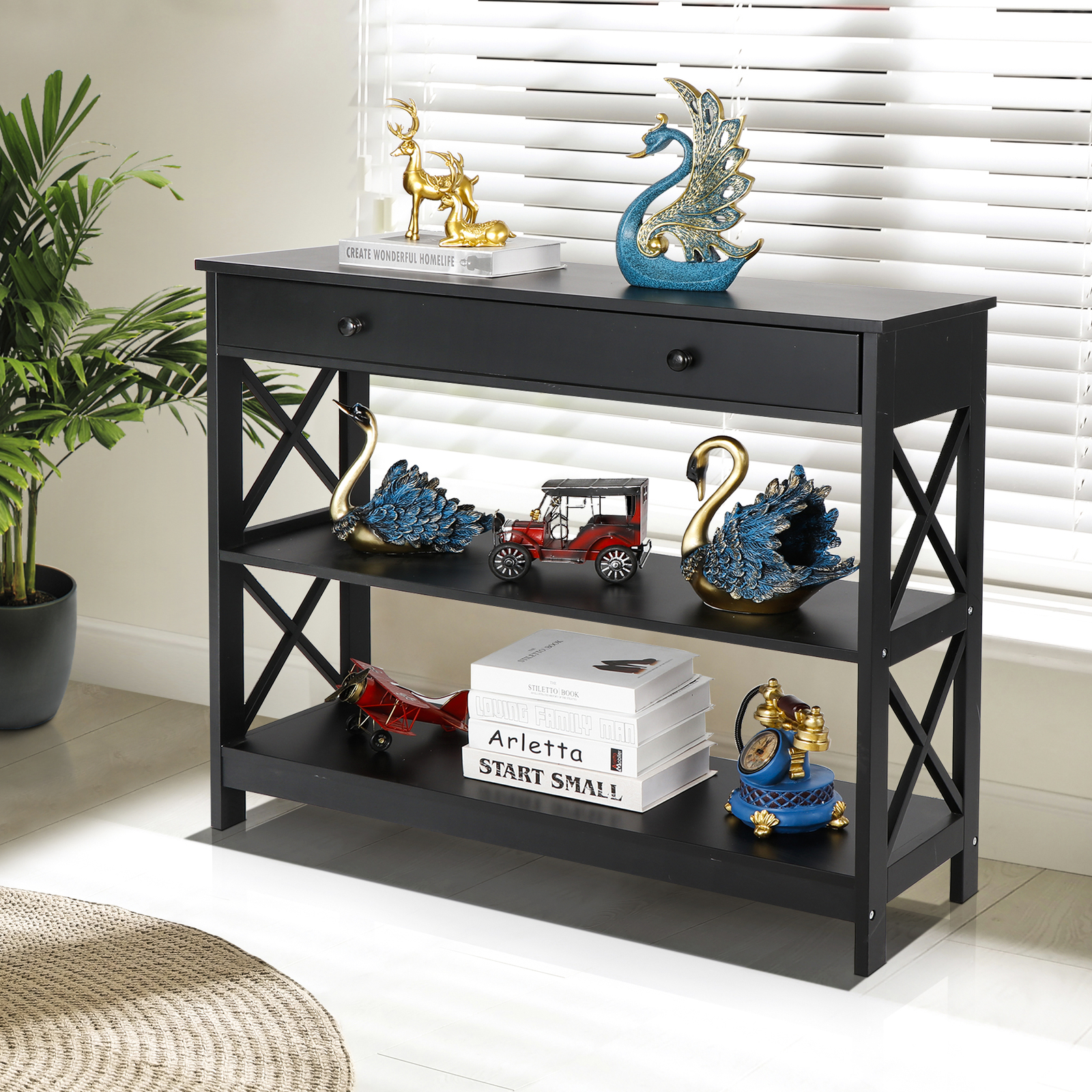 Wood Console Table 3 Tier Narrow Entryway End Sofa Table w/Storage Drawer Black