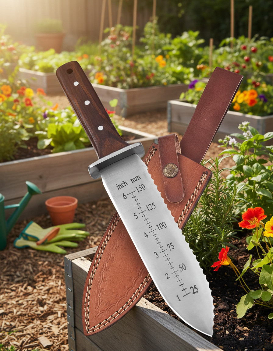 Professional Hori Hori Garden Knife with Leather Sheath, Protective Handguard