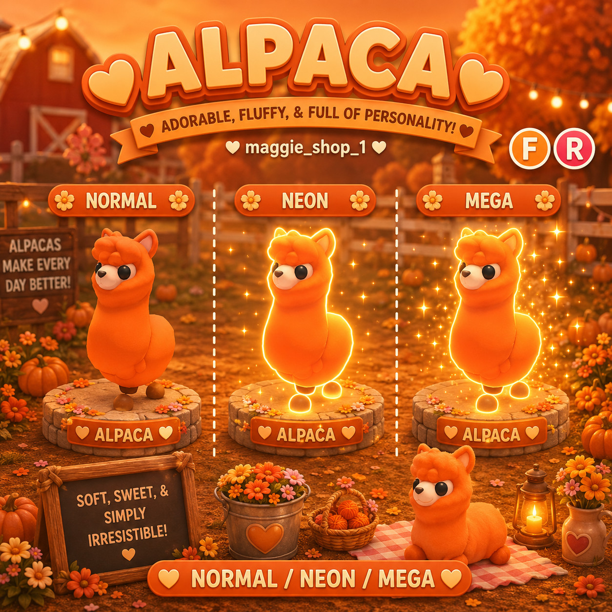 Alpaca FR Normal/Neon /Mega ✨ Adopt From Me Today ✨ Top Picks