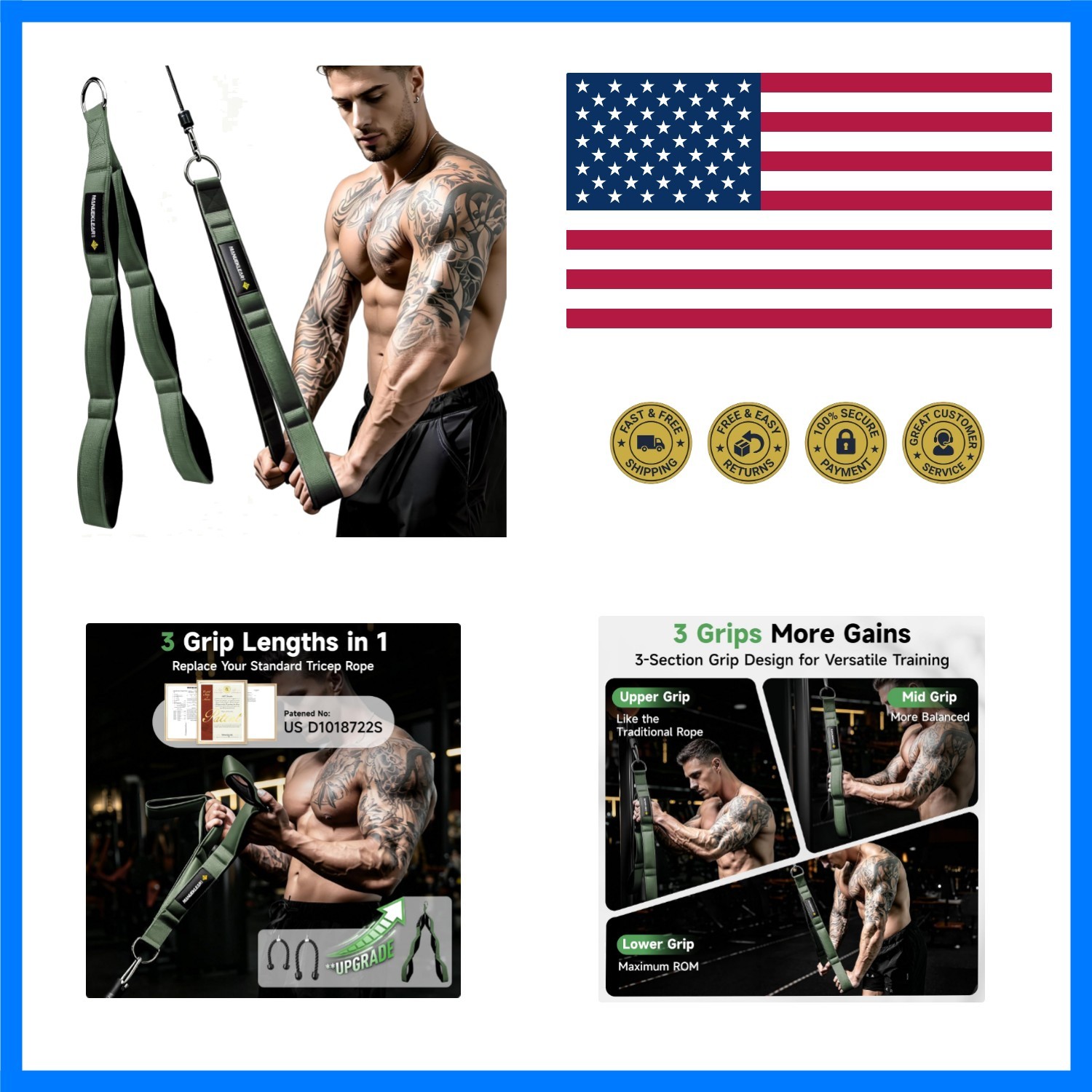 MANUEKLEAR 3 Grip Lengths in 1 Tricep Rope Cable Attachment with Ergonomic Ha...