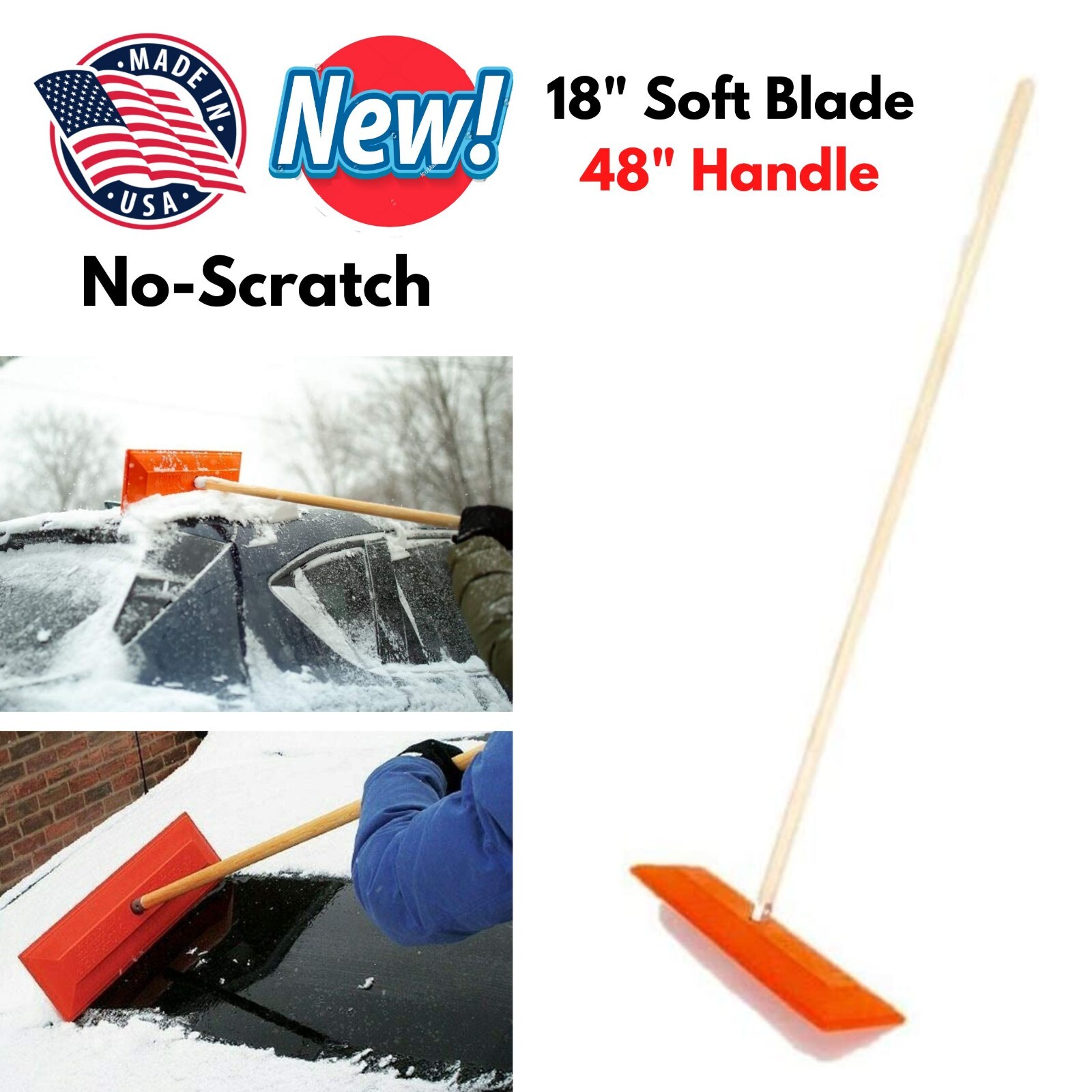 18" Snow Remover Brush Rake with 48 Wood Handle No-Scratch for Car Truck Window