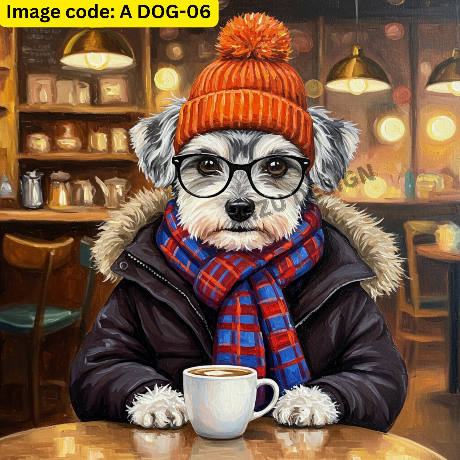 Cute Dog with Glasses and Beanie | Warm Café Oil Painting Art | Digital Download