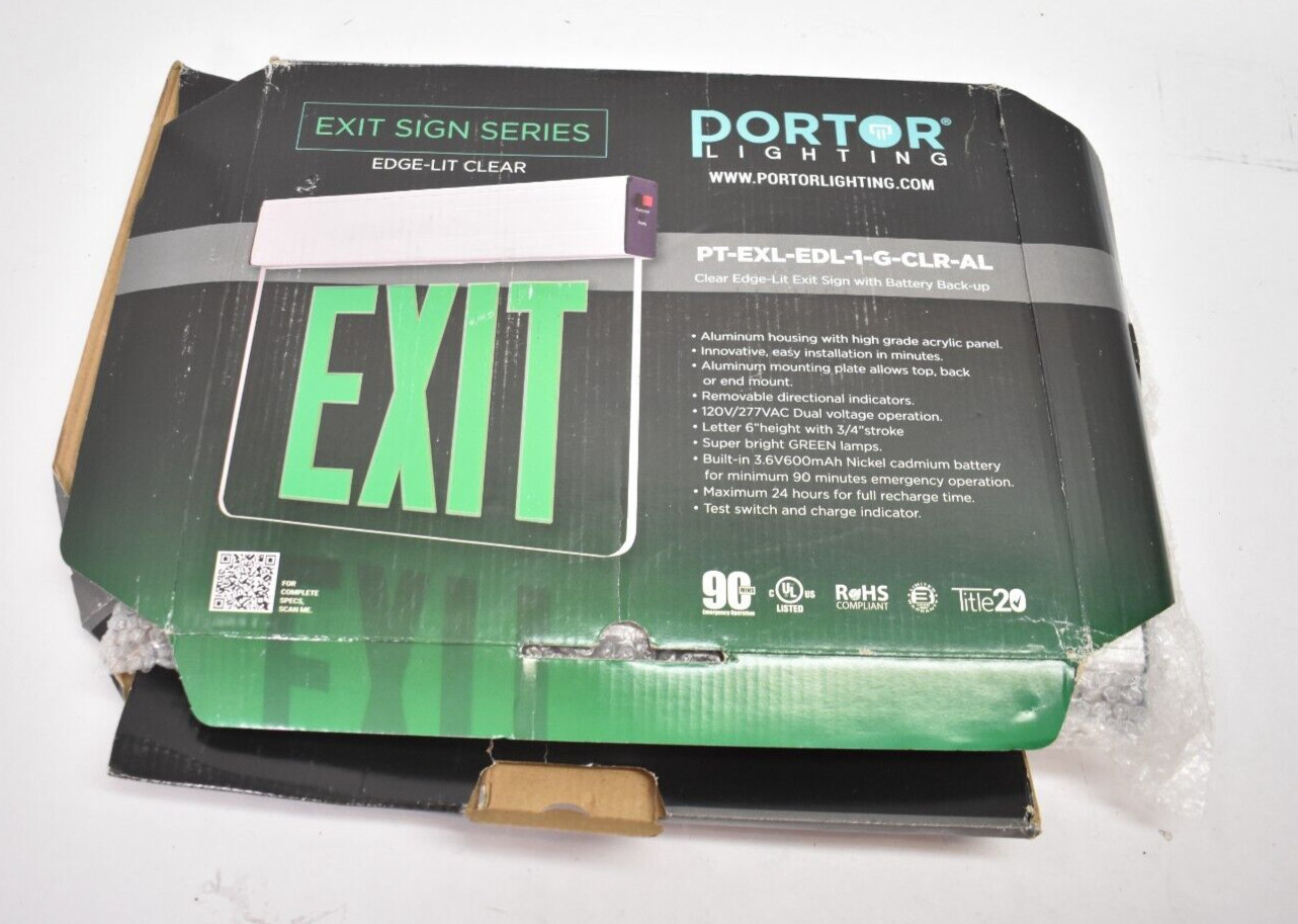 Porter Lighting Exit Sign Series Edge Lit Clear Bright Green Lamp Device