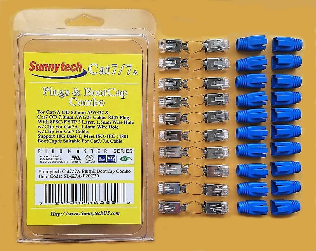 Sunnytech CAT7/7A AWG23 RJ45 Crimp Plug and Boot Cap, 20+20 Combo Pack, Blue