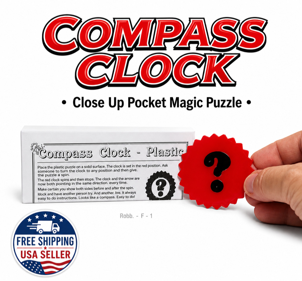 1 COMPASS CLOCK Close Up Pocket Magic Trick RED Plastic ? Mark Disc Dial Puzzle