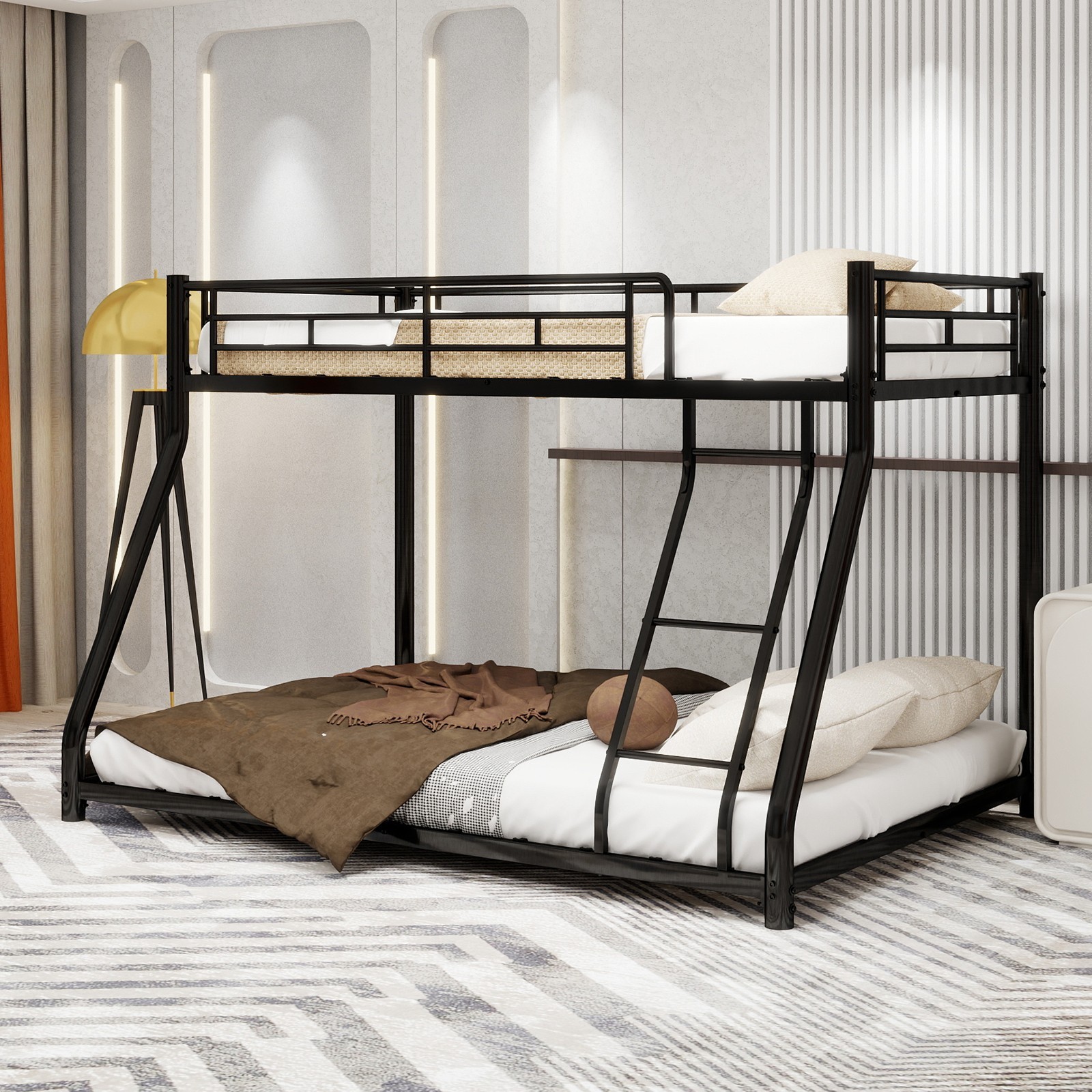 Twin Over Full Size Bunk Bed with Ladder & Guardrail Heavy Duty Metal Bed Frame