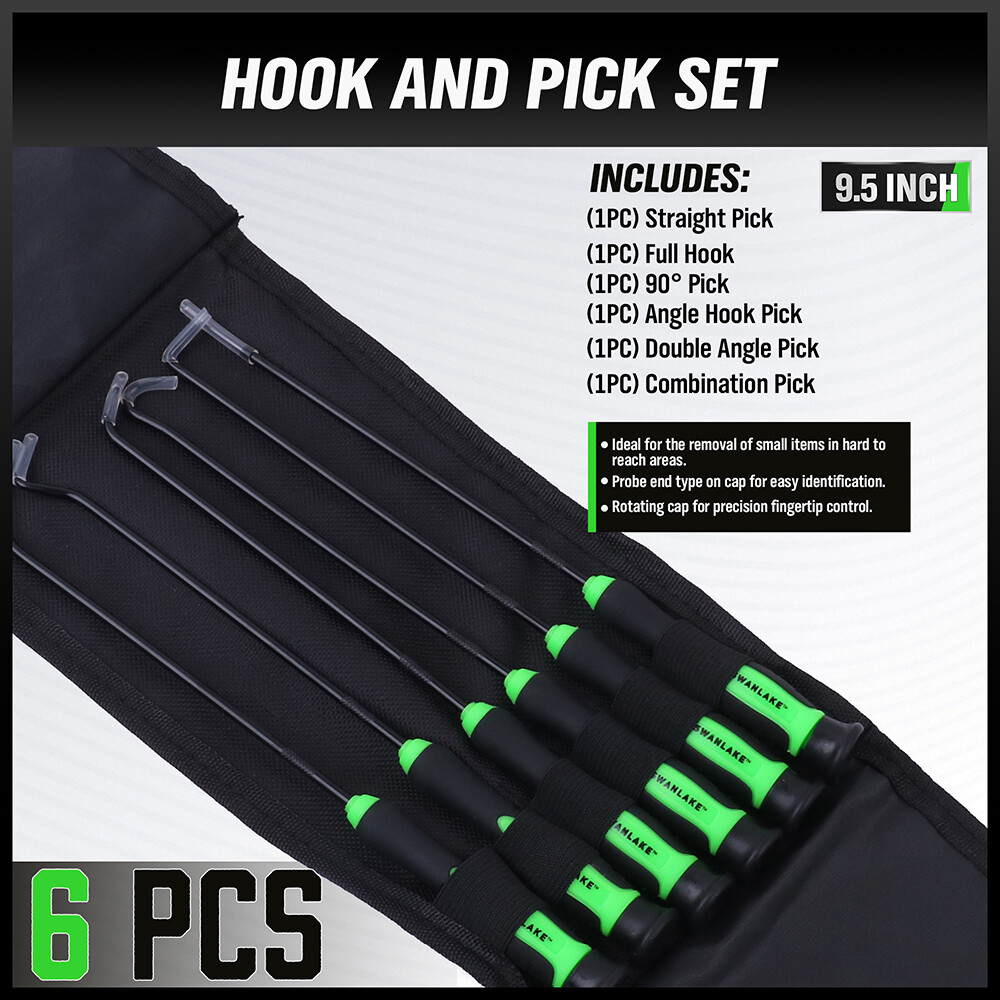 6pc Pick & Hook Set Extra Long O-Ring Seal Remover 9" Soft Grip Assorted Shapes