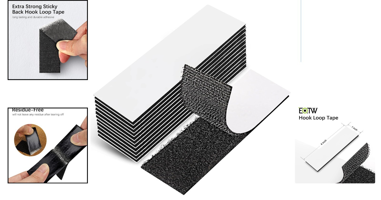 Strong Double-Sided Hook and Loop Adhesive Tape - 1" x 4" Black Strips, 12 Pack