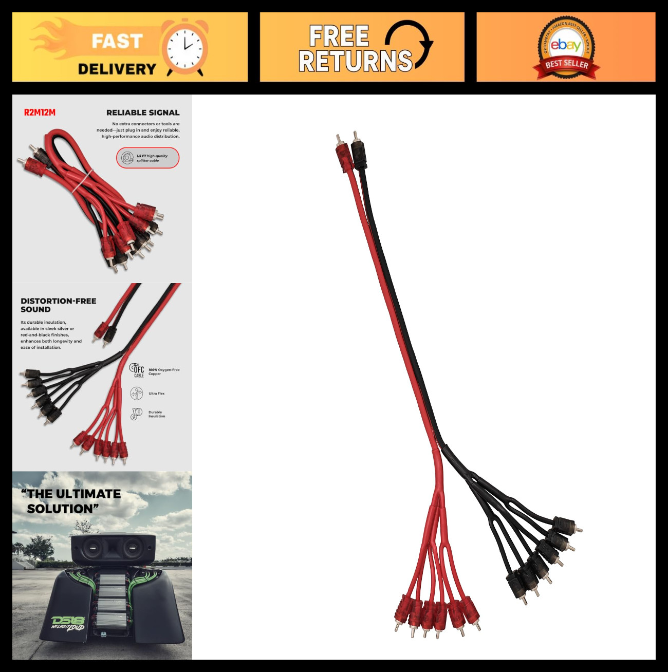 Level 2 RCA Y Connector 2 Male to 12 Male 1.5ft Ultra Flex 100% Copper OFC - RED