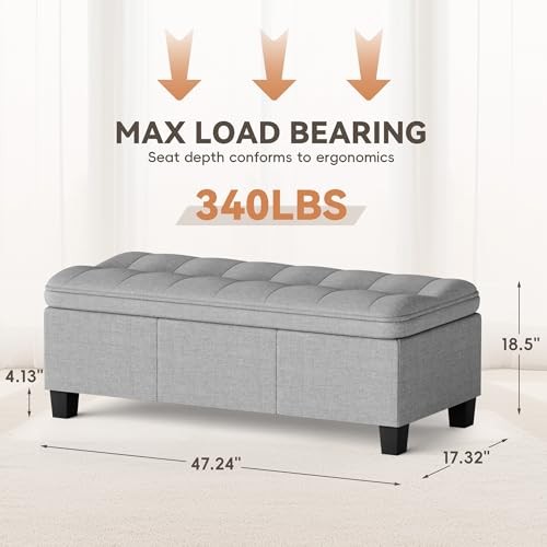 47 Inches Ottoman with Storage, Storage Bench with Linen Fabric Light Gray